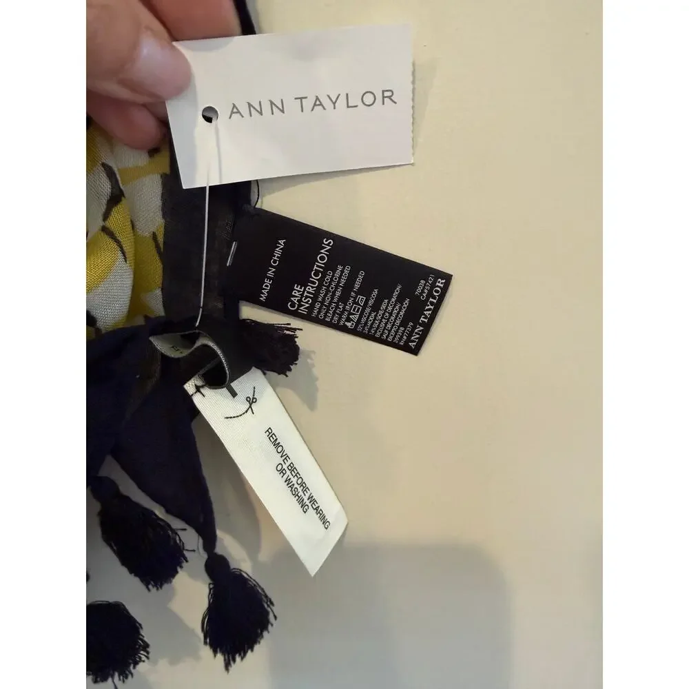 Ann Taylor Soft Travel Scarf Yellow Navy Blue Print Tassel Detail